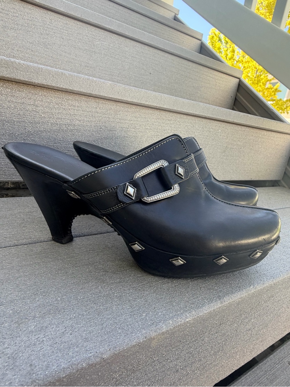 Cole Haan Black Studded Leather Heel Mules
